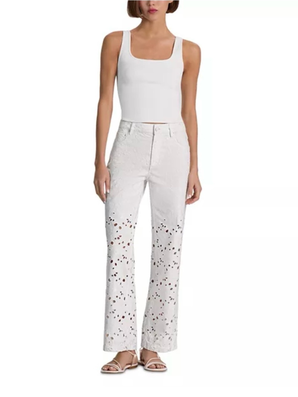 Alice + Olivia White Eyelet Jeans with Red Stitch Accents - Picture 4 of 14